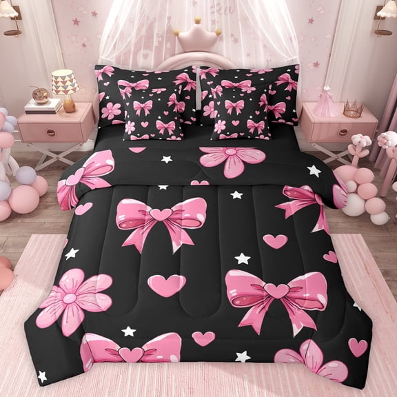 Feelyou Kawaii Ribbon Bow Twin Bedding Sets 7-Piece for Girl, Fairy Tale Princess Bedding Comforter Set, Cartoon Bow Black Pink Reversible Sheet Sets, Ultra Soft Bedroom Decor