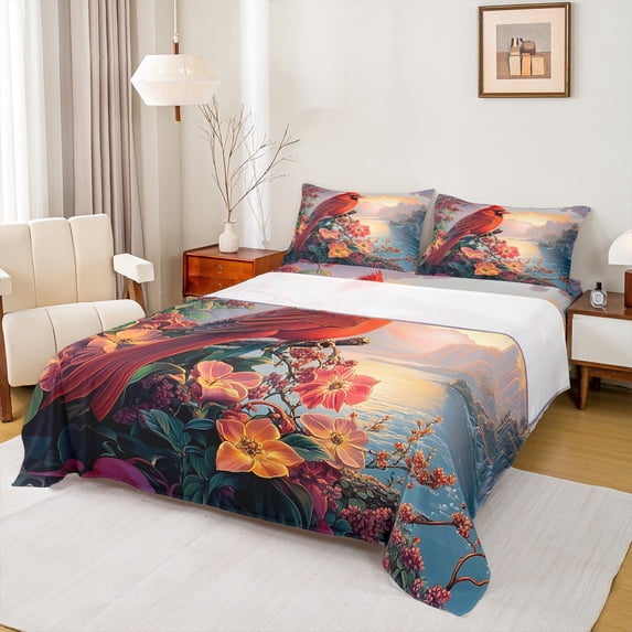 Feelyou Kawaii Robin Bird Bed Sheets for Teen, Dreamy Cherry Blossoms King Sheets, Farmhouse Lake Sheet Set, Breathable Home Decor, 4-Piece