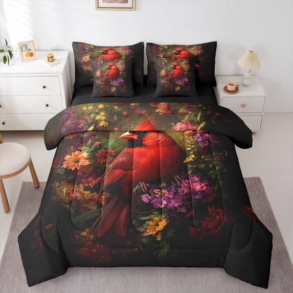 Feelyou Kawaii Robin Bird Bedding Comforter Set 7-Piece for Teen, Dreamy Groovy Flower King Bedding Sets, Rustic Farmhouse Animal Reversible Bed Sheets, Ultra Soft Home Decor