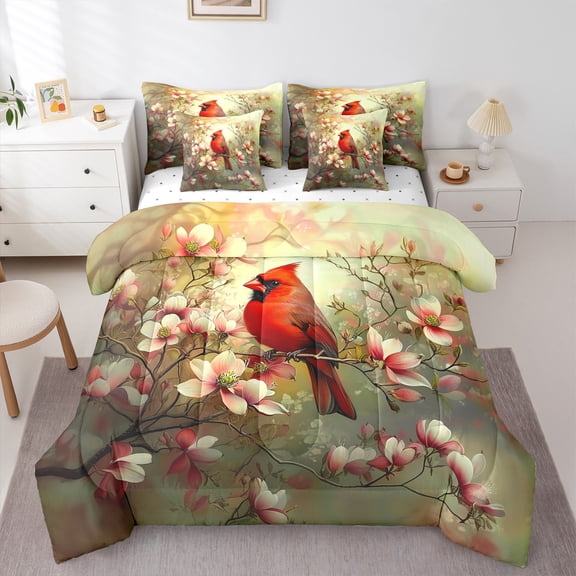 Feelyou Kawaii Robin Bird Bedding Comforter Set 7 Pieces for Teen, Dreamy Cherry Blossoms Full Bedding Set, Rustic Farmhouse Animal Reversible Fitted Sheet Flat Sheet, Microfiber Bedroom Decor