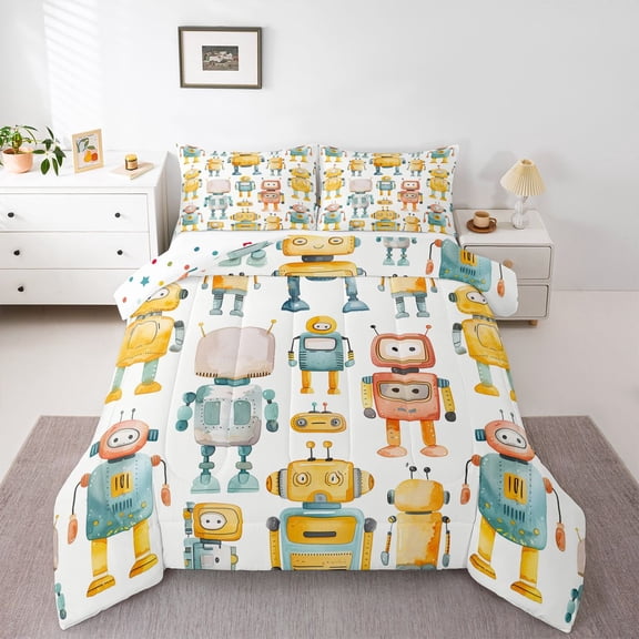 Feelyou Kawaii Robot Queen Comforter Set, Kids Boys Girls Bedding Comforter Set, 3pcs