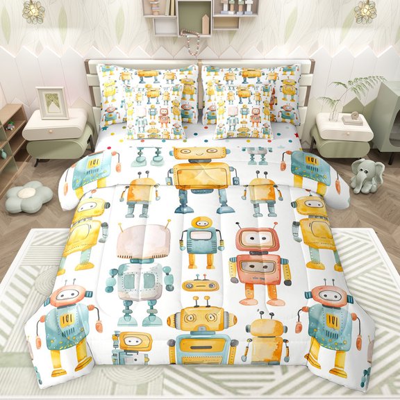 Feelyou Kawaii Robot Twin Bedding Sets 7-Piece, Boys Girls Bedding Comforter Set