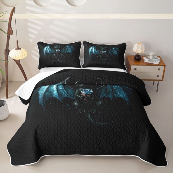 Feelyou Kawaii Rose Dragon Bed Spread Queen for Boys Girls, Cute Galaxy Animal Queen Coverlet Set, Black Blue, 3pcs