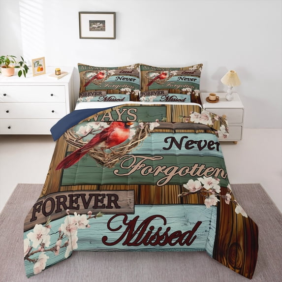 Feelyou Kawaii Rustic Bird Full Size Comforter Sets, Western Wooden Cabin Bedding Comforter Set, Pink Cherry Blossoms Flower Reversible Bedding Sets, Super Cozy Room Decor, 3pcs