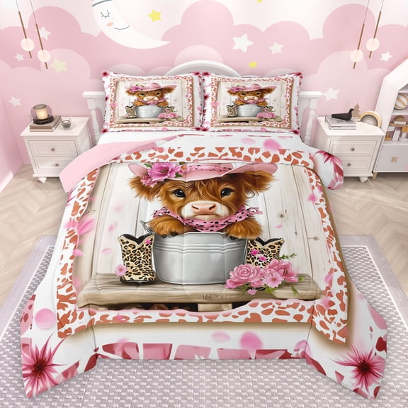 Feelyou Kawaii Rustic Cow Full Size Comforter Sets for Child, Cowgirl Cowboy Bedding Comforter Set, Fashion Leopard Print Reversible Bedding Sets, Super Cozy Room Decor, 3-Piece