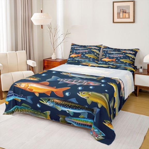 Feelyou Kawaii Rustic Pike Fish Bed Sheets for Men Boys, Rustic Lake Animal King Sheets, Navy, 4-Piece