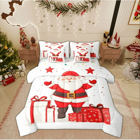 Feelyou Kawaii Santa Claus Bedding Comforter Set 7 Pieces, Dreamy Festival Full Bedding Set, Christmas Gift Reversible Fitted Sheet Flat Sheet, Breathable Home Decor
