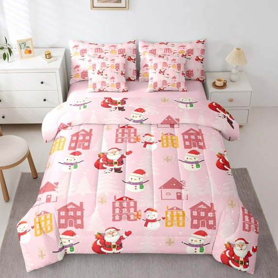Feelyou Kawaii Santa Claus Bedding Comforter Set 7pcs for Child, Pink Christmas Stars Queen Bedding Sets, Happy New Year Reversible Queen Sheet Sets, Super Cozy Room Decor
