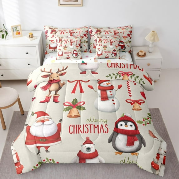 Feelyou Kawaii Santa Claus Bedding Comforter Set 7pcs, Winter Christmas Snowman Queen Bedding Sets, Penguin Animal Reversible Queen Sheet Sets, Super Cozy Room Decor