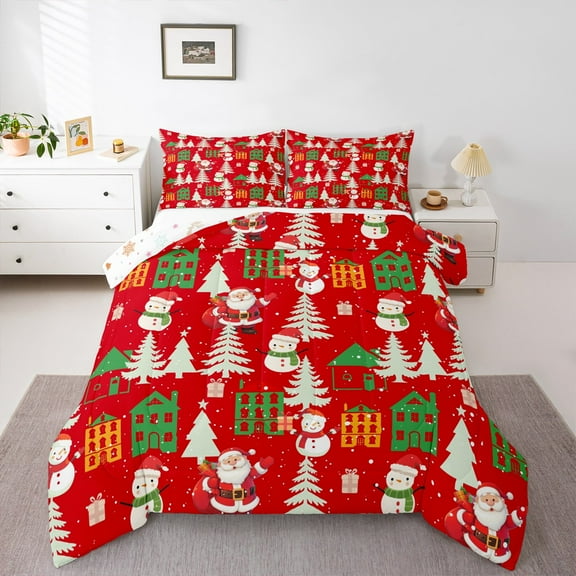 Feelyou Kawaii Santa Claus Bedding Comforter Set for Child, Red Christmas Snowman Twin Comforter Sets, Happy New Year Reversible Bedding Set, Lightweight Room Decor, 2 Pieces