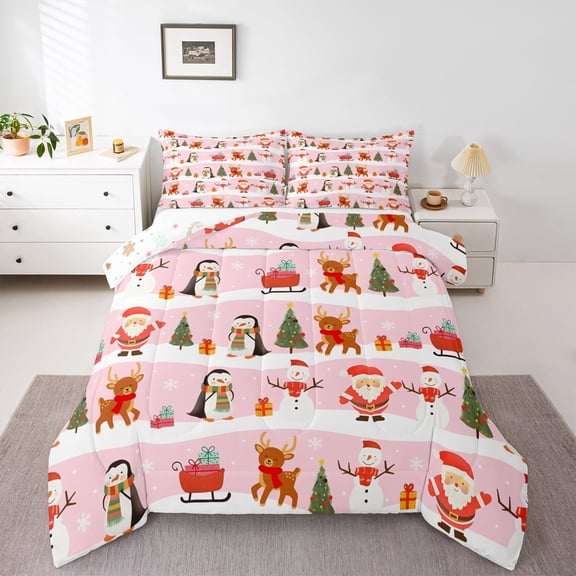 Feelyou Kawaii Santa Claus Bedding Comforter Set, Christmas Snowman Twin Comforter Sets, Reindeer Penguin Animal Reversible Bedding Set, Lightweight Room Decor, 2pcs