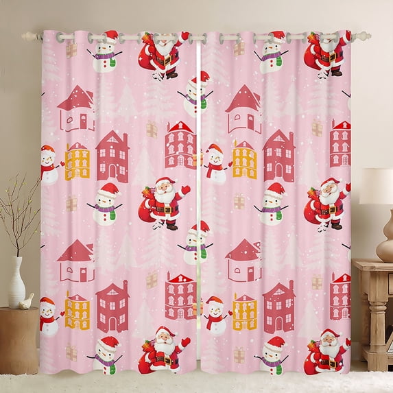 Feelyou Kawaii Santa Claus Black Out Curtains for Child, Pink Christmas Stars Curtains Pack of 2 (42x63 Each), Happy New Year Bedroom Curtains, Curtains and Drapes Room Decor