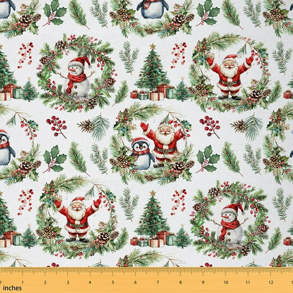 Feelyou Kawaii Santa Claus Fabric by the Yard 1 Yard for Kid, Winter Christmas Deer Home Decor Fabric by the Yard, Xmas Poinsettia Floral Sewing Fabric, Super Cozy Room Decor