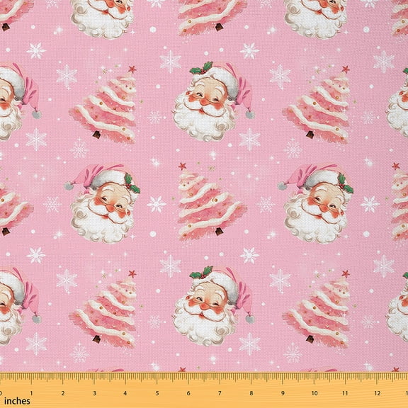 Feelyou Kawaii Santa Claus Fabric by the Yard 1 Yard, Winter Christmas Home Decor Fabric by the Yard, Cartoon Pink Tree Sewing Fabric, Lightweight Room Decor