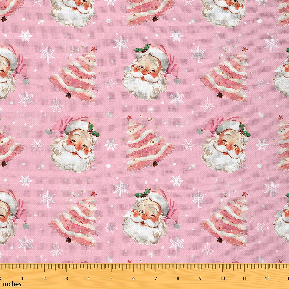 Feelyou Kawaii Santa Claus Fabric by the Yard 2 Yards, Winter Christmas Room Decor Fabric by the Yard, Cartoon Pink Tree Fabric for Sewing, Lightweight Room Decor