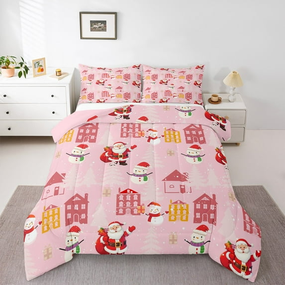 Feelyou Kawaii Santa Claus Full Size Comforter Sets for Child, Pink Christmas Stars Bedding Comforter Set, Happy New Year Reversible Bedding Sets, Super Cozy Room Decor, 3 Pieces