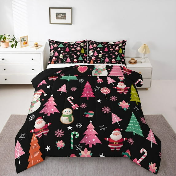 Feelyou Kawaii Santa Claus Full Size Comforter Sets, Winter Christmas Snowman Bedding Comforter Set, Pink Xams Tree Reversible Bedding Sets, Luxury Bedroom Decor, 3 Pieces