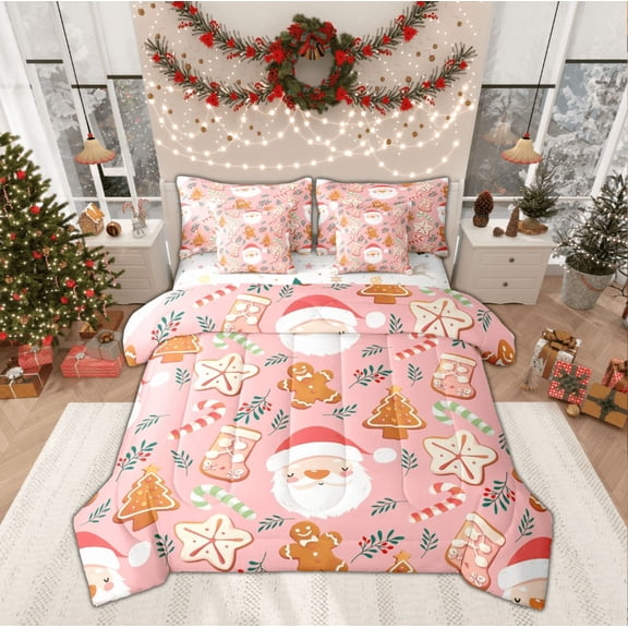 Feelyou Kawaii Santa Claus Kid Bedding Comforter Set 7pcs, Christmas Gingerbread Man King Bedding Sets, Winter Festival Reversible Bed Sheets, Super Cozy Room Decor, 3pcs