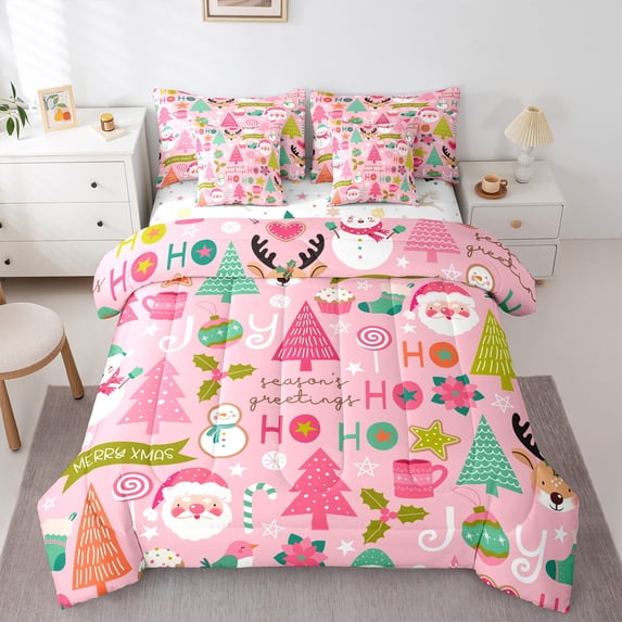 Feelyou Kawaii Santa Claus Kid Bedding Comforter Set 7pcs, Christmas Snowman Gift King Bedding Sets, Winter Festival Holiday Reversible Bed Sheets, Breathable Home Decor, 3pcs