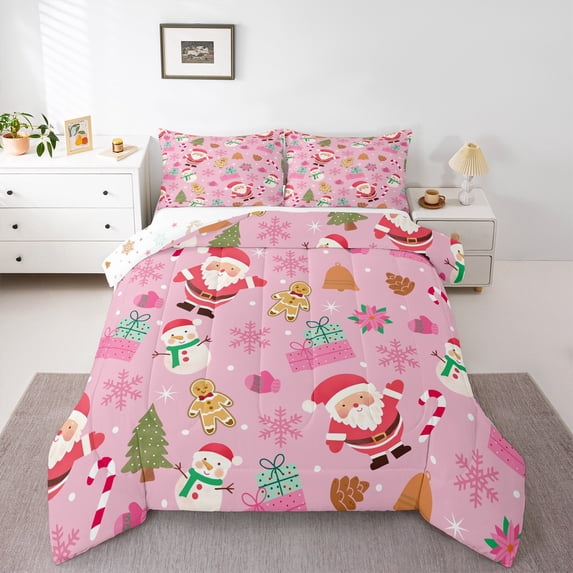 Feelyou Kawaii Santa Claus Kid Queen Comforter Set, Christmas Tree Gift Bedding Sets, Winter Festival Reversible Bedding Comforter Set, Microfiber Bedroom Decor, 3pcs