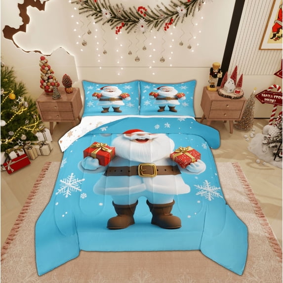 Feelyou Kawaii Santa Claus King Size Comforter Sets, Winter Blue Christmas Bedding Comforter Set, White Snowflake Reversible Bedding Set, Ultra Soft Home Decor,3 Pieces