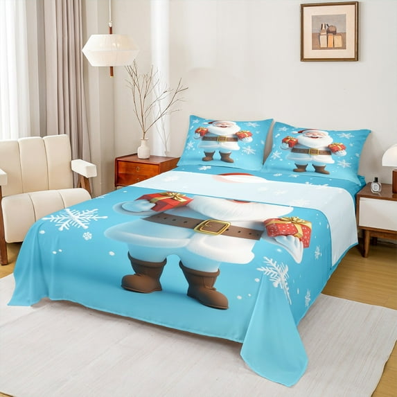 Feelyou Kawaii Santa Claus Queen Sheet Sets, Winter Blue Christmas Flat Sheet, White Snowflake Queen Fitted Sheet, Ultra Soft Home Decor,4 Pieces