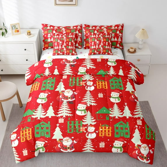Feelyou Kawaii Santa Claus Twin Bedding Sets 7-Piece for Child, Red Christmas Snowman Bedding Comforter Set, Happy New Year Reversible Sheet Sets, Lightweight Room Decor