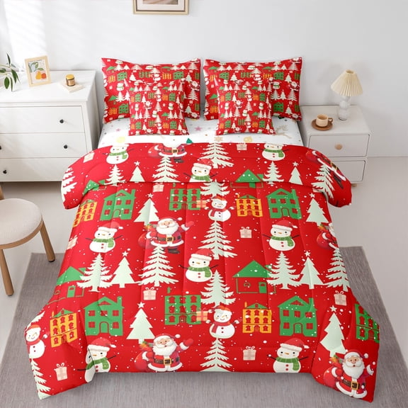 Feelyou Kawaii Santa Claus Twin Bedding Sets 7-Piece for Child, Red Christmas Snowman Bedding Comforter Set, Happy New Year Reversible Sheet Sets, Lightweight Room Decor