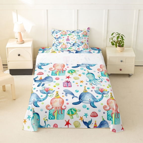 Feelyou Kawaii Sea Animal Twin Sheet Sets for Kids Boys Girls, Watercolor Whale Octopus Bedding, White Blue, 3pcs