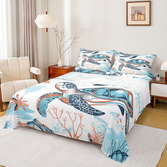 Feelyou Kawaii Sea Turtle Bed Sheets, Cute Marine Sealife King Sheets, Cartoon Ocean Theme Sheet Set, Lightweight Room Decor, 4pcs