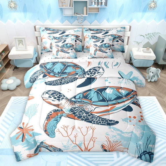 Feelyou Kawaii Sea Turtle Bedding Comforter Set 7pcs, Cute Marine Sealife Queen Bedding Sets, Cartoon Ocean Theme Reversible Queen Sheet Sets, Lightweight Room Decor