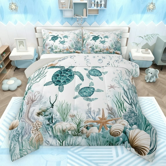 Feelyou Kawaii Sea Turtle Bedding Comforter Set, Dreamy Marine Animal Twin Comforter Sets, Seashell Starfish Coral Reversible Bedding Set, Lightweight Room Decor, 2pcs