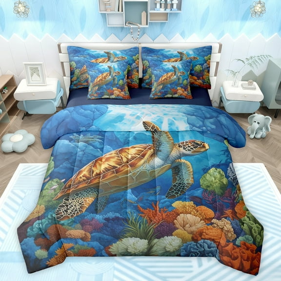 Feelyou Kawaii Sea Turtle Twin Bedding Sets 7-Piece for Teen, Marine Coral Bedding Comforter Set, Ocean Animal Theme Reversible Sheet Sets, Lightweight Room Decor