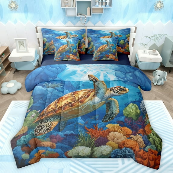 Feelyou Kawaii Sea Turtle Twin Bedding Sets 7-Piece for Teen, Marine Coral Bedding Comforter Set, Ocean Animal Theme Reversible Sheet Sets, Lightweight Room Decor
