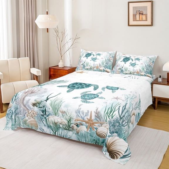 Feelyou Kawaii Sea Turtle Twin Sheet Sets, Dreamy Marine Animal Twin Fitted Sheet, Seashell Starfish Coral Flat Sheet, Lightweight Room Decor, 3pcs