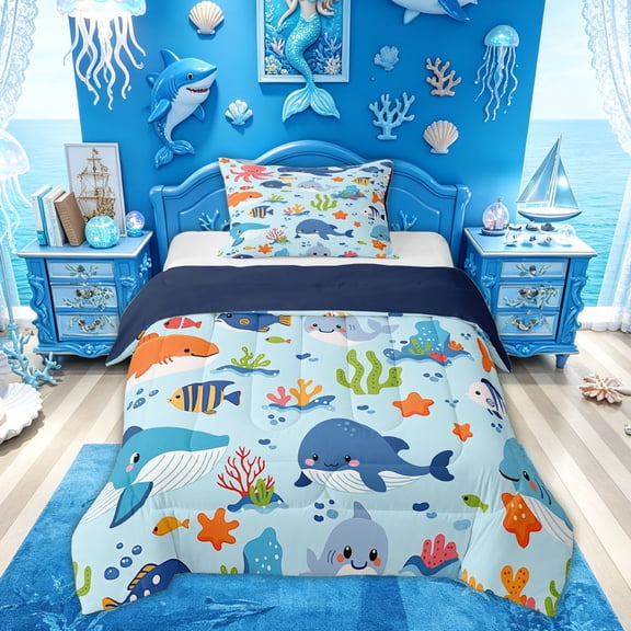 Feelyou Kawaii Sea Whale Octopus Twin Comforter Sets for Kids Boys Girls, Starfish Animal Bedding Set, Blue, Blue Reversible, 2pcs