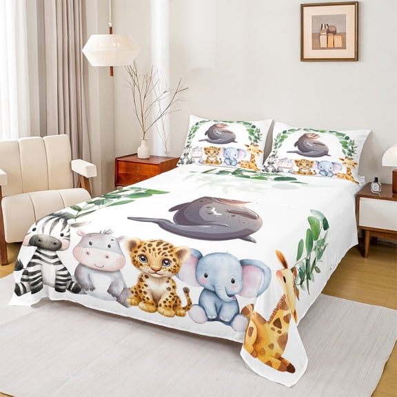Feelyou Kawaii Seal Sealife Bed Sheets for Teens, Tiger Elephant King Sheets, Eucalyptus Leaves Botanical Sheet Set, Luxury Bedroom Decor, 4 Pieces