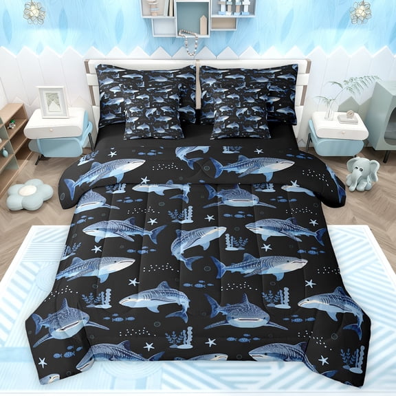 Feelyou Kawaii Shark Kid Bedding Comforter Set 7pcs, Ocean Coral Sealife King Bedding Sets