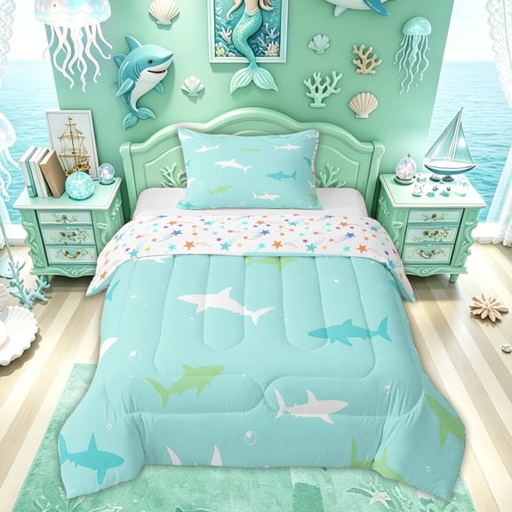 Feelyou Kawaii Shark Silhouette Twin Comforter Sets for Kids Boys Girls, Cartoon Sea Animal Bedding Set, Green Blue, Colorful Star Reversible, 2pcs