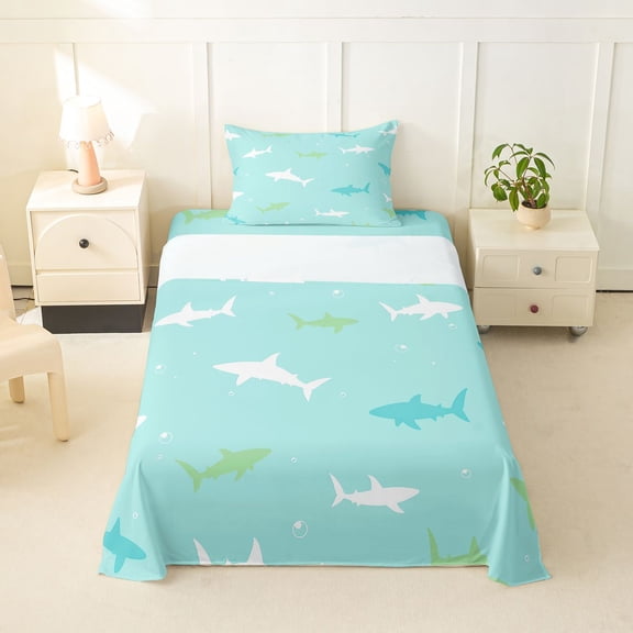 Feelyou Kawaii Shark Silhouette Twin Sheet Sets for Kids Boys Girls, Cartoon Sea Animal Bedding, Green Blue, 3pcs