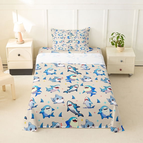Feelyou Kawaii Shark Twin Sheet Sets for Kids Boys Girls, Cartoon Ocean Animal Bedding, Beige, 3-Piece