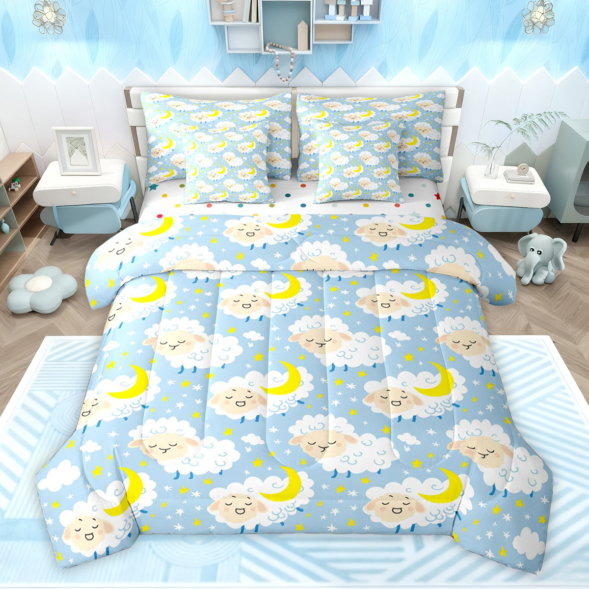 Reversible Sheets Feelyou Kawaii Sheep Animal Twin Bedding Sets 7-Piece for Kids, Cute ...