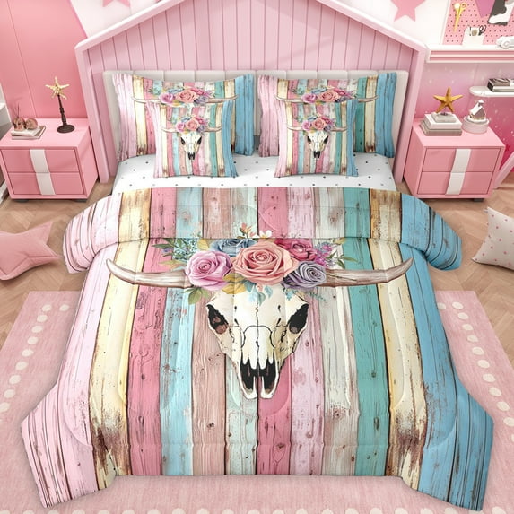 Feelyou Kawaii Sheep Skeleton Bedding Comforter Set 7 Pieces, Blue Pink Rustic Cabin Full Bedding Set, Cute Cowgirl Cowboy Reversible Fitted Sheet Flat Sheet, Luxury Bedroom Decor