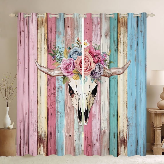Feelyou Kawaii Sheep Skeleton Curtains Pack of 2 (42x84 Each), Blue Pink Rustic Cabin Curtains Blackout, Cute Cowgirl Cowboy Bedroom Curtains, Window Curtains Bedroom Decor