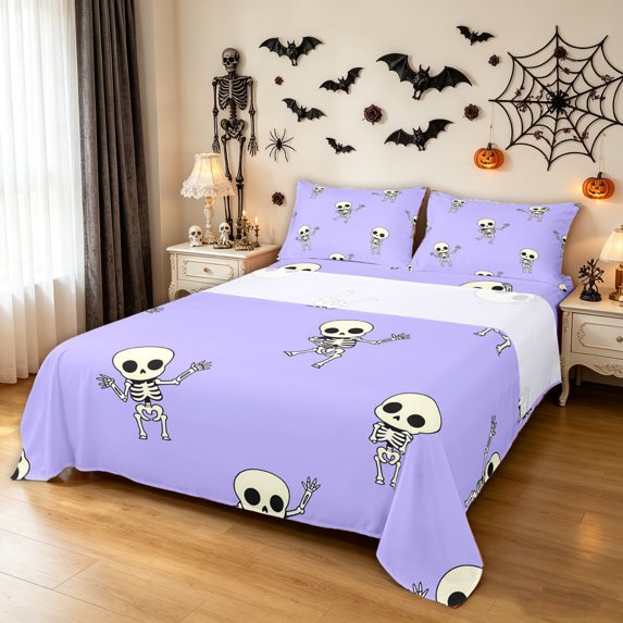 Feelyou Kawaii Skeleton Bed Sheets, Cute Gothic Cartoon Full Size Sheets, Lavender, 4-Piece, 1 Flat Sheet, 1 Fitted Sheet and 2 Pillowcases