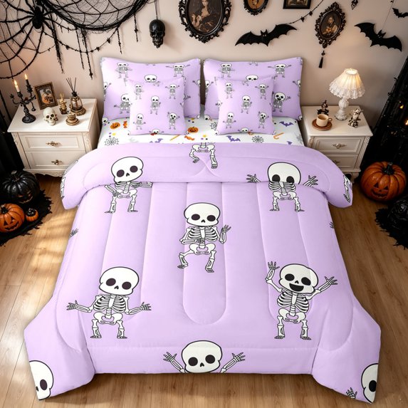 Feelyou Kawaii Skeleton Full Size Bedding Sets, Cartoon Halloween Skull Full Size Bed in a Bag, Purple, Halloween Reversible, 7-Piece