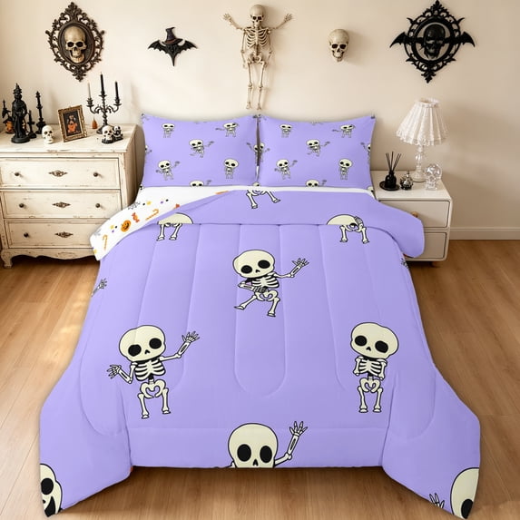 Feelyou Kawaii Skeleton Full Size Comforter Sets, Cute Gothic Cartoon Bedding Comforter Set, Lavender, Halloween Reversible, 3-Piece, 1 Comforter and 2 Pillowcases
