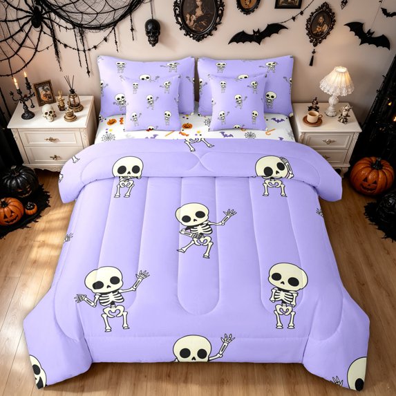 Feelyou Kawaii Skeleton Twin Bedding, Cute Gothic Cartoon Bedding Comforter Set, Lavender, Halloween Reversible, 7-Piece
