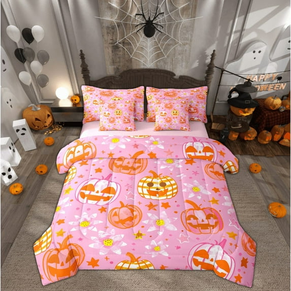 Feelyou Kawaii Skull Bedding Comforter Set 7pcs, Halloween Skeleton Queen Bedding Sets, Pink Farmhouse Flower Reversible Queen Sheet Sets, Super Cozy Room Decor