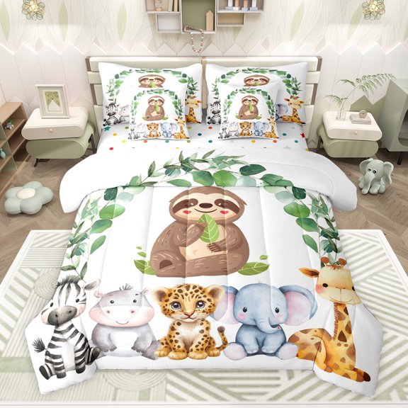 Feelyou Kawaii Sloth Animal Bedding Comforter Set 7pcs for Kids, Hippo Zebra Wildlife King Bedding Sets, Green Leaf Plant Reversible Bed Sheets, Super Cozy Room Decor